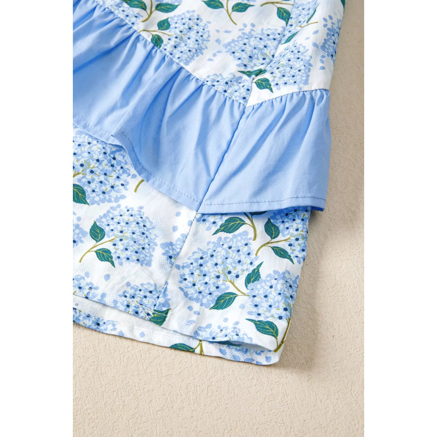 Hydrangea Floral Print Ruffle Trim Flutter Sleeve Dress Apparel and Accessories
