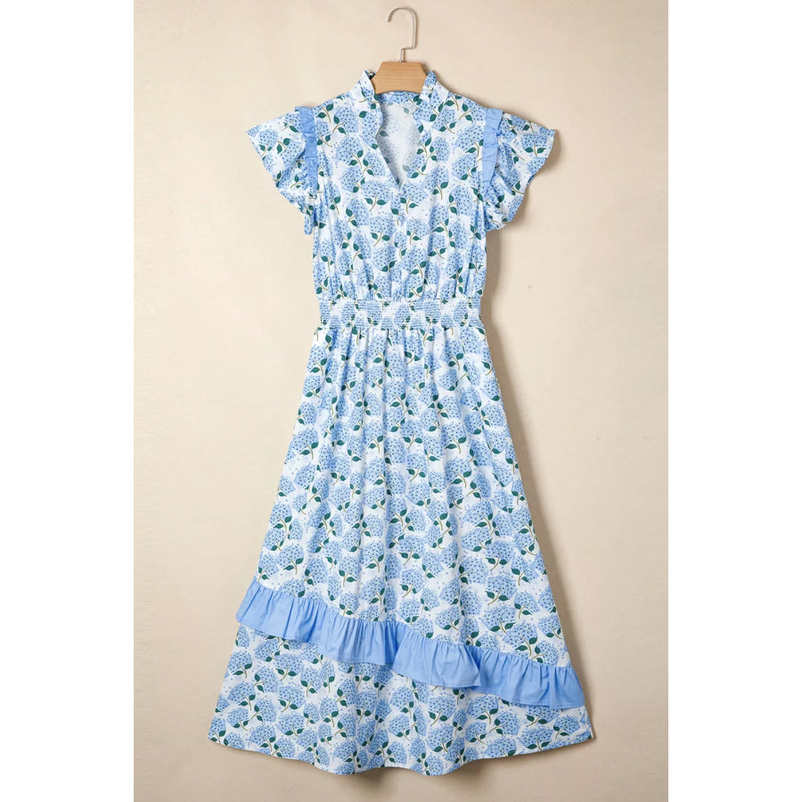 Hydrangea Floral Print Ruffle Trim Flutter Sleeve Dress Apparel and Accessories