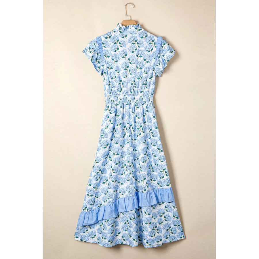 Hydrangea Floral Print Ruffle Trim Flutter Sleeve Dress Apparel and Accessories
