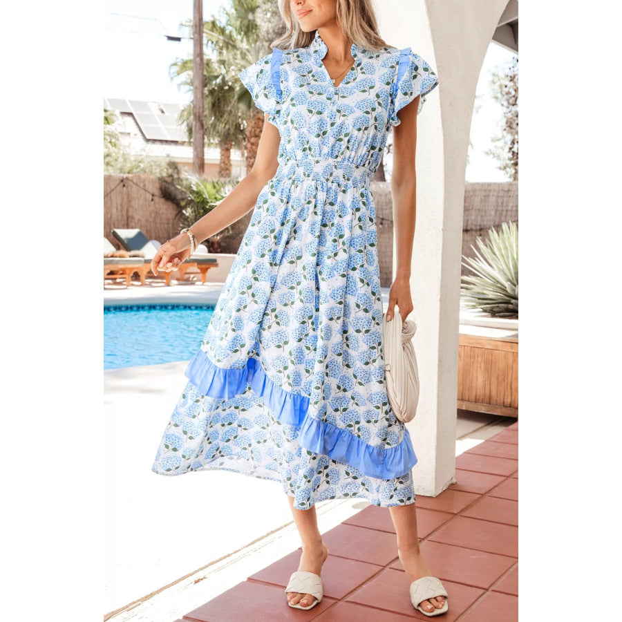Hydrangea Floral Print Ruffle Trim Flutter Sleeve Dress Light Blue / S Apparel and Accessories