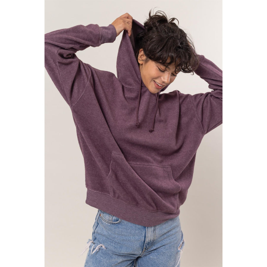 HYFVE Brushed Long Sleeve Hoodie with Kangaroo Pocket Dark Plum / S Apparel and Accessories