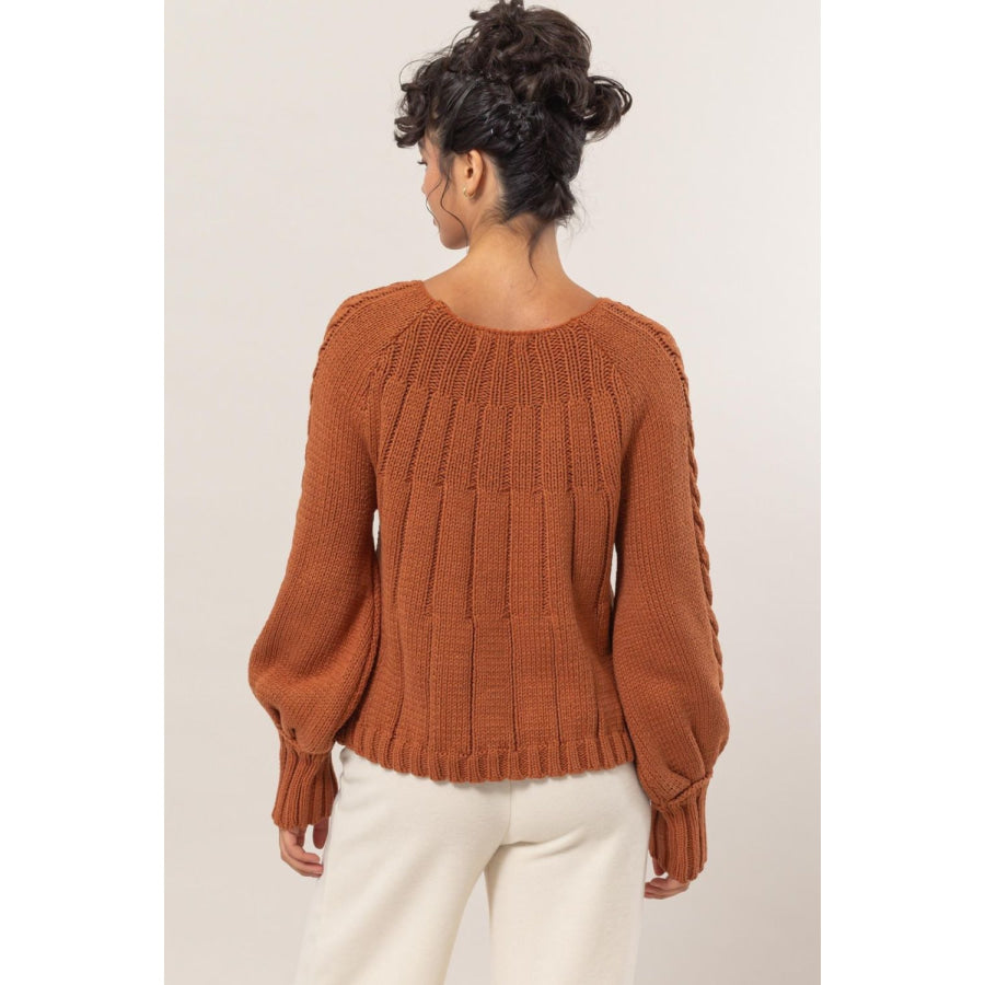 HYFVE Cable-Knit Round Neck Raglan Sleeve Sweater Apparel and Accessories