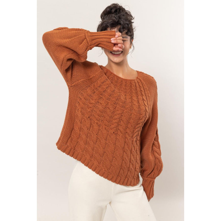 HYFVE Cable-Knit Round Neck Raglan Sleeve Sweater Apparel and Accessories