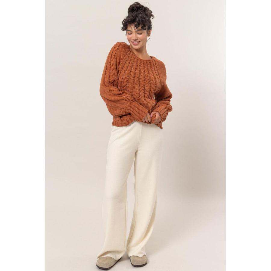 HYFVE Cable-Knit Round Neck Raglan Sleeve Sweater Apparel and Accessories