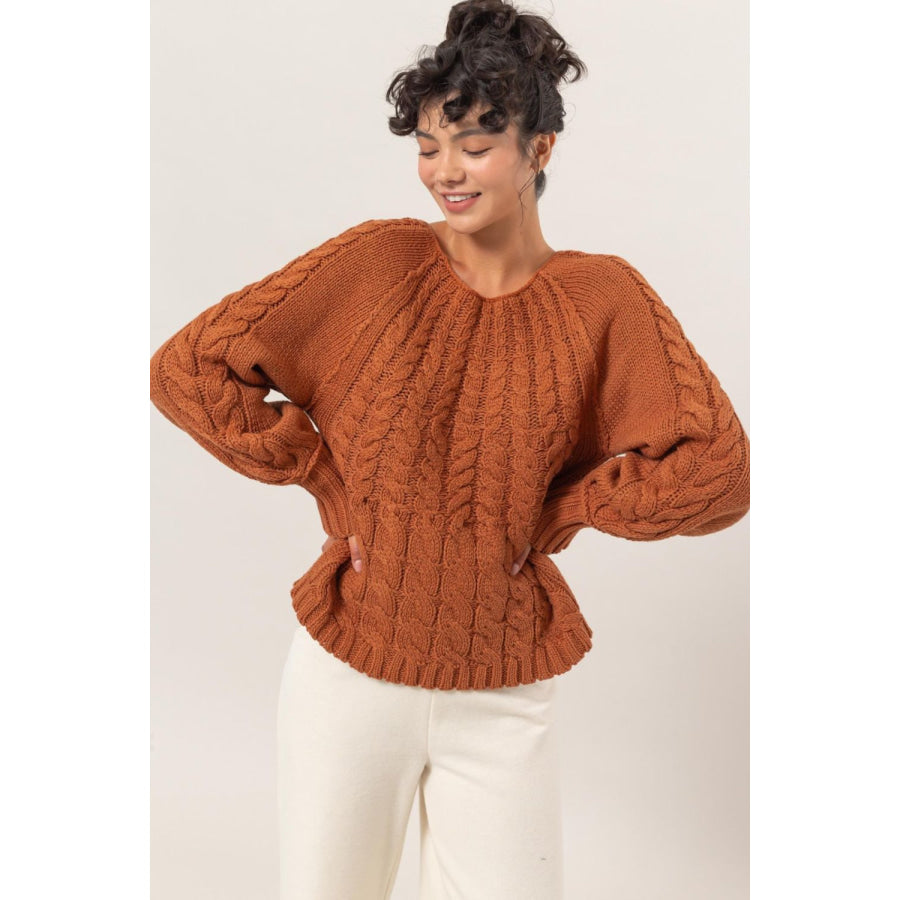 HYFVE Cable-Knit Round Neck Raglan Sleeve Sweater Rust / S Apparel and Accessories