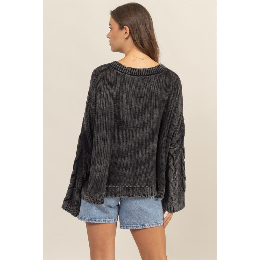 HYFVE Cable Knit V-Neck Dropped Shoulder Oversized Sweater Apparel and Accessories