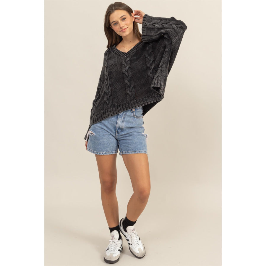 HYFVE Cable Knit V-Neck Dropped Shoulder Oversized Sweater Apparel and Accessories