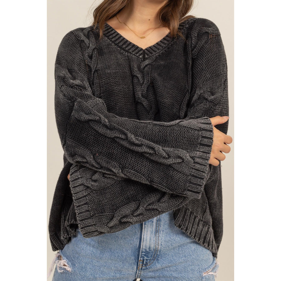 HYFVE Cable Knit V-Neck Dropped Shoulder Oversized Sweater Apparel and Accessories