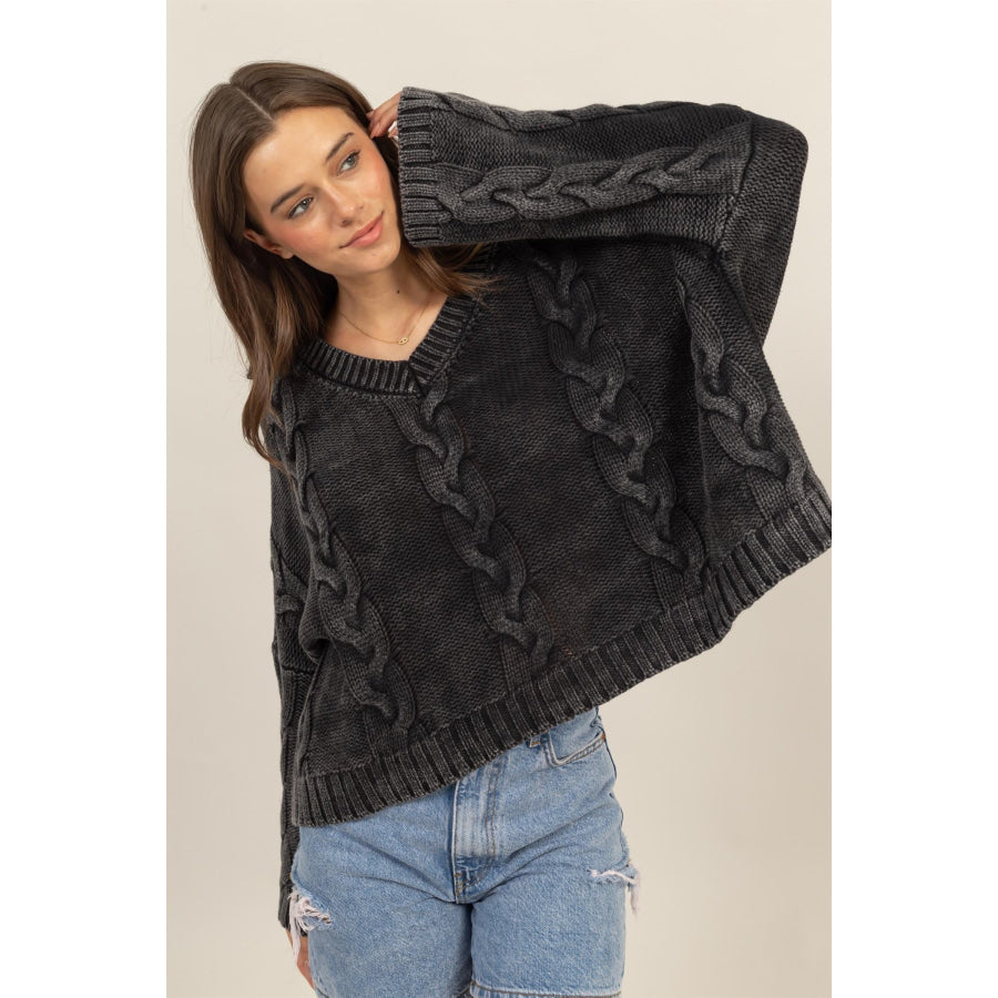 HYFVE Cable Knit V-Neck Dropped Shoulder Oversized Sweater Charcoal / S Apparel and Accessories