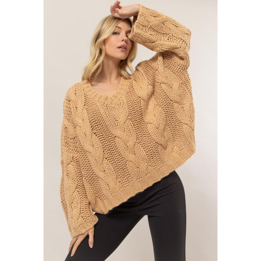 HYFVE Cable Knit V-Neck Sweater Taupe / S Apparel and Accessories