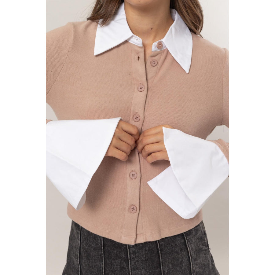 HYFVE Collared Contrast Button Down Crop Knit Cardigan Apparel and Accessories