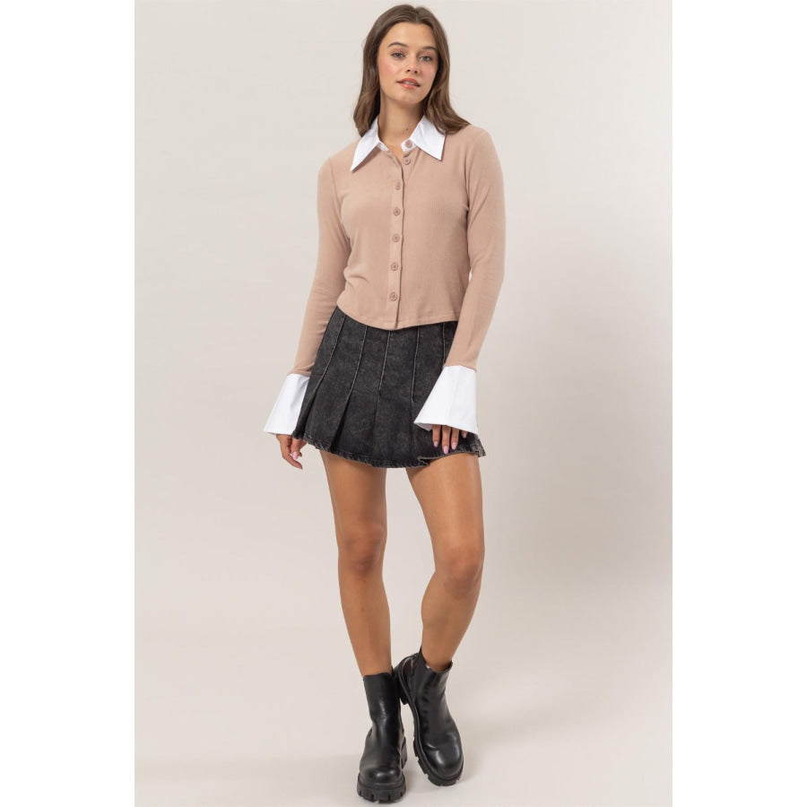 HYFVE Collared Contrast Button Down Crop Knit Cardigan L.Mocha / S Apparel and Accessories