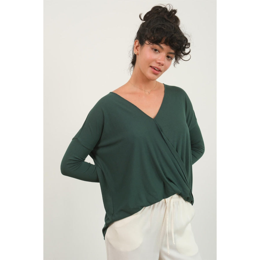 HYFVE Draped Drop Shoulder Long Sleeve Top Dark Green / S Apparel and Accessories