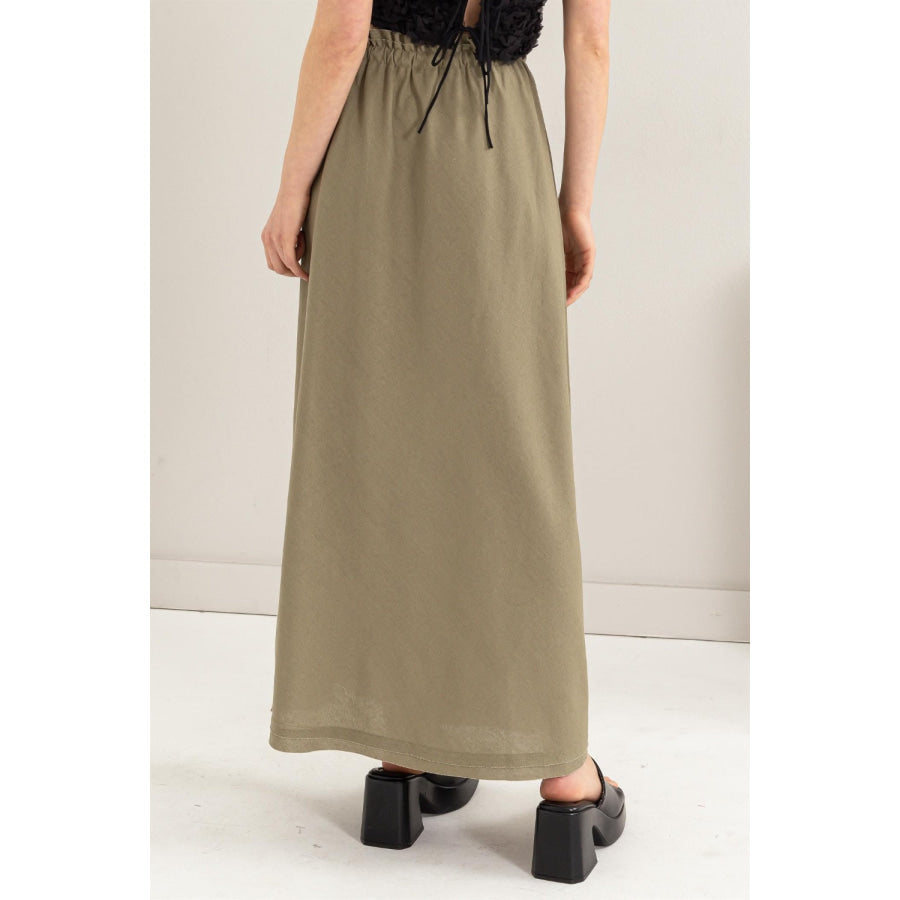 HYFVE Drawstring Washed Linen Maxi Skirt Olive / S Apparel and Accessories