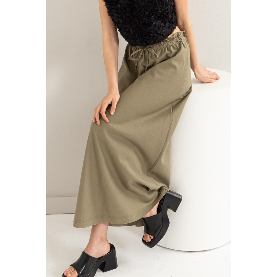 HYFVE Drawstring Washed Linen Maxi Skirt Olive / S Apparel and Accessories