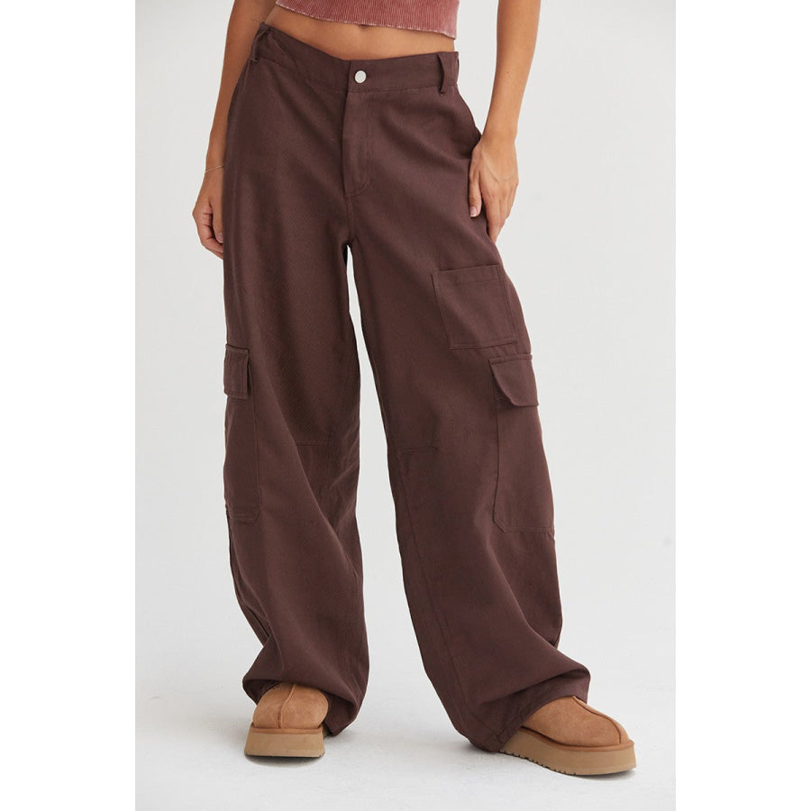 HYFVE Elastic Waist Wide-Leg Cargo Pants Dark Brown / S Apparel and Accessories