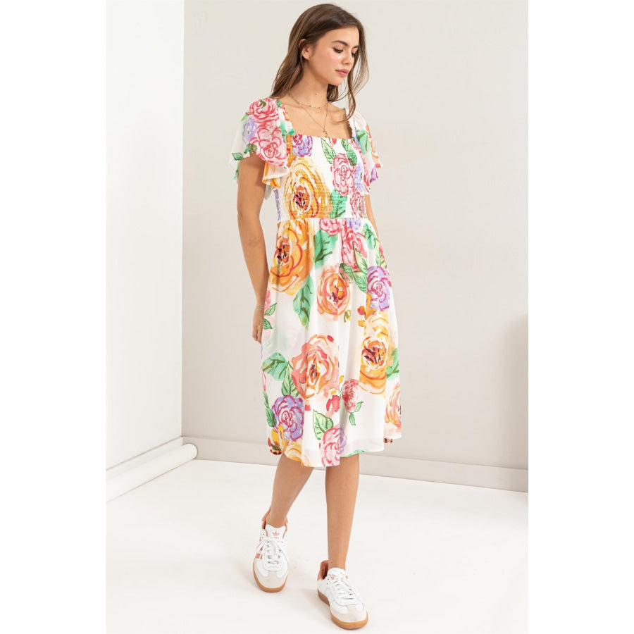 HYFVE Floral Flutter Sleeve Smocked Dress Apparel and Accessories