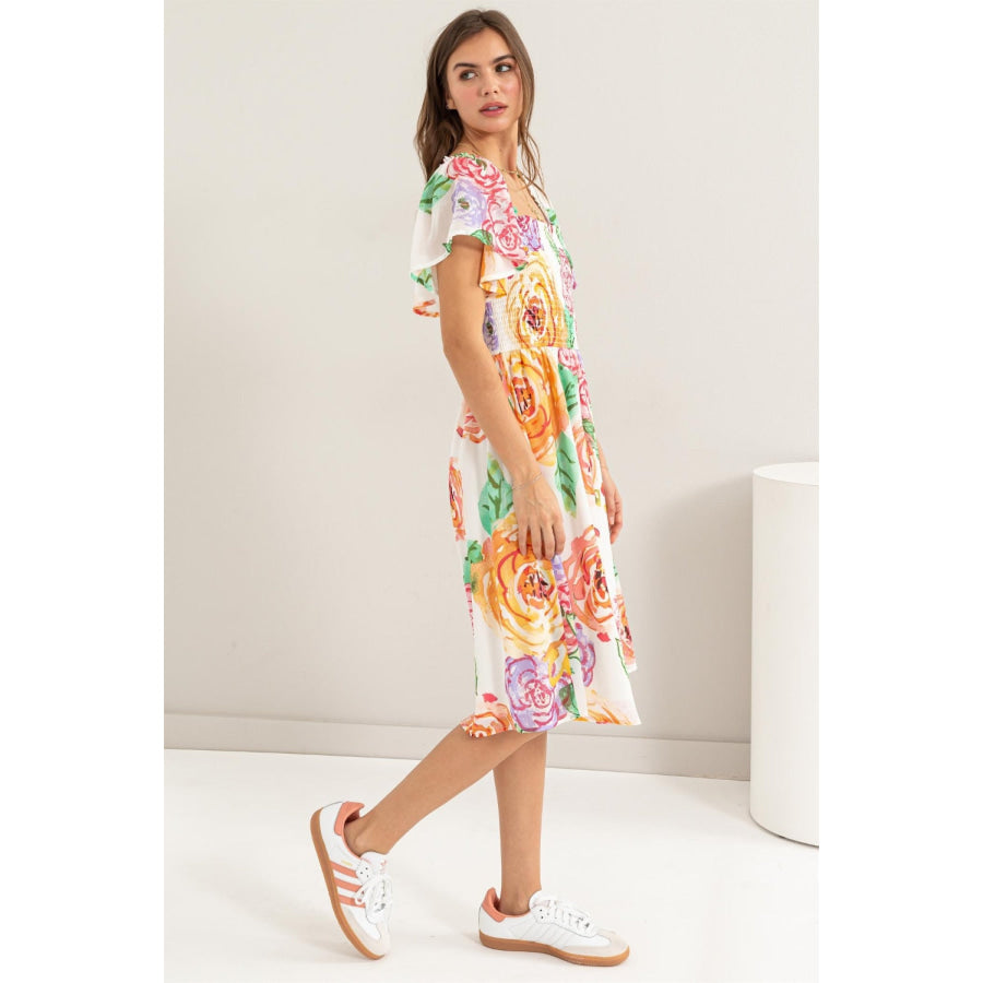 HYFVE Floral Flutter Sleeve Smocked Dress Apparel and Accessories