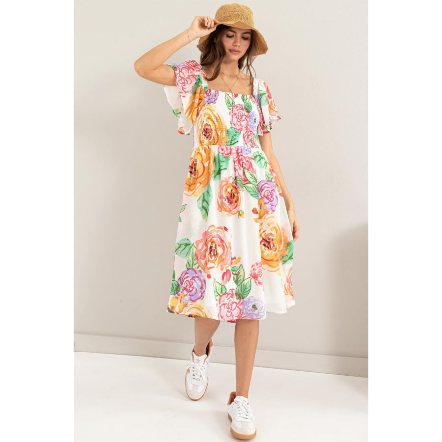 HYFVE Floral Flutter Sleeve Smocked Dress Multi / S Apparel and Accessories