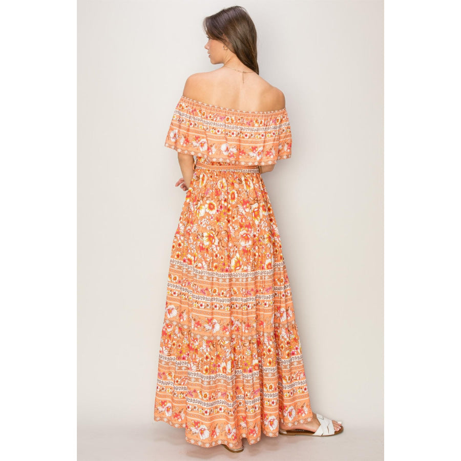 HYFVE Floral Off-Shoulder Tie Front Maxi Dress Apricot / S Apparel and Accessories