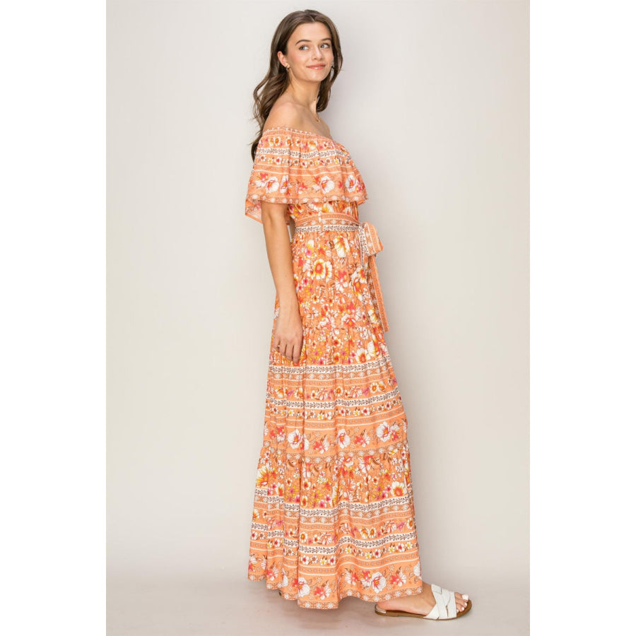 HYFVE Floral Off-Shoulder Tie Front Maxi Dress Apparel and Accessories