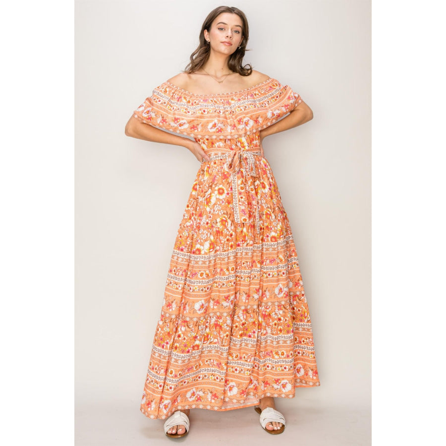 HYFVE Floral Off-Shoulder Tie Front Maxi Dress Apparel and Accessories