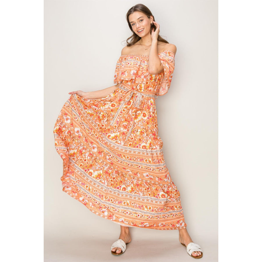 HYFVE Floral Off-Shoulder Tie Front Maxi Dress Apricot / S Apparel and Accessories