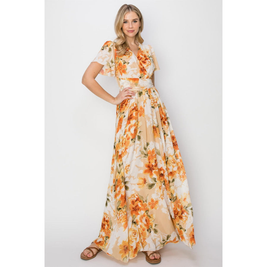 HYFVE Floral Tie Back Short Sleeve Slit Maxi Dress Apparel and Accessories