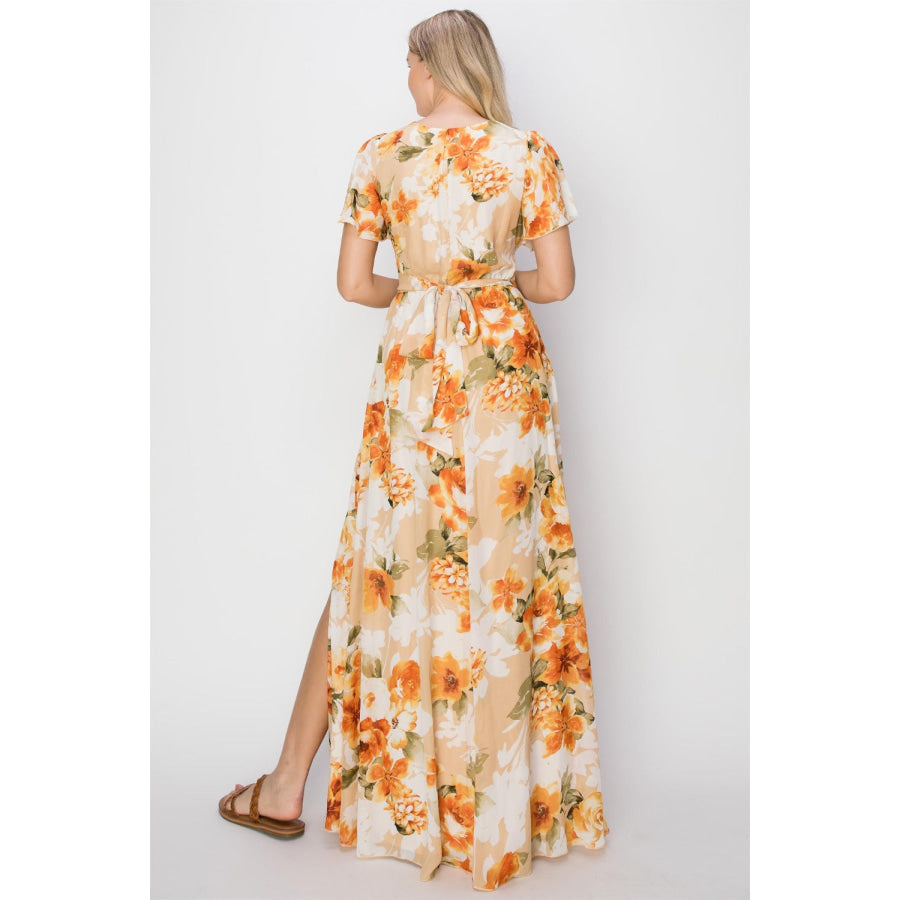 HYFVE Floral Tie Back Short Sleeve Slit Maxi Dress Apparel and Accessories