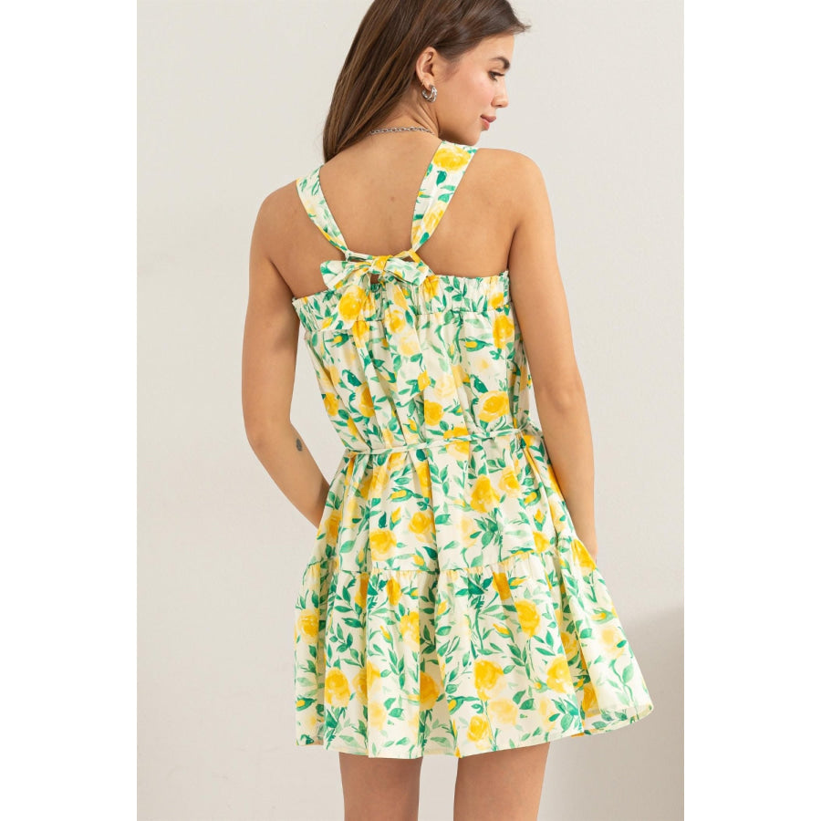 HYFVE Floral Tie Shoulder Mini Dress Yellow / S Apparel and Accessories