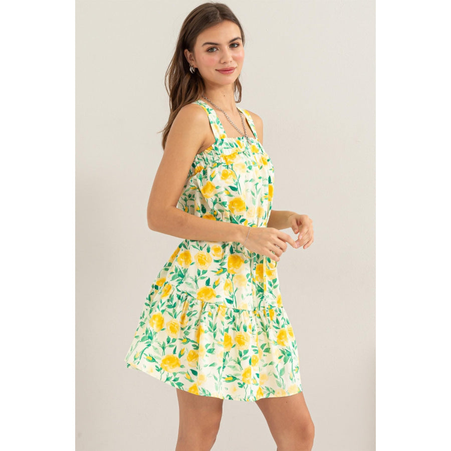 HYFVE Floral Tie Shoulder Mini Dress Yellow / S Apparel and Accessories