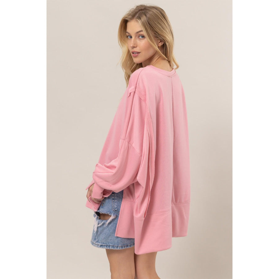 HYFVE French Terry Long Sleeve High-Low Slit Sweatshirt Pink / S Apparel and Accessories