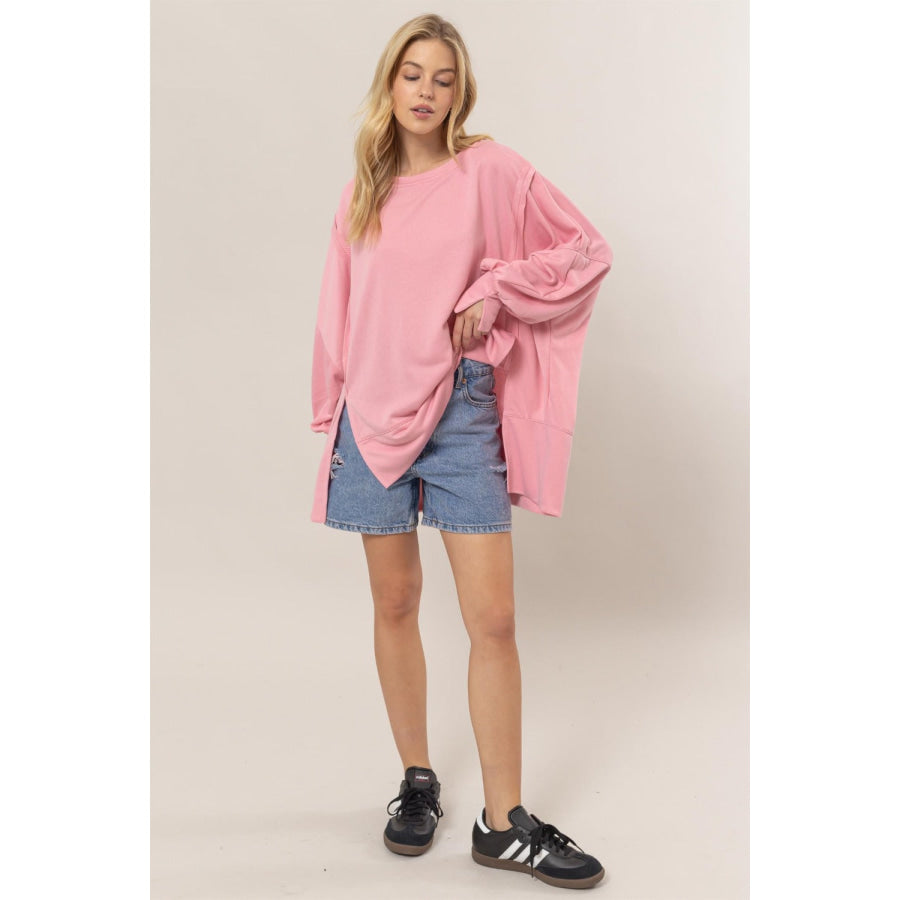 HYFVE French Terry Long Sleeve High-Low Slit Sweatshirt Pink / S Apparel and Accessories