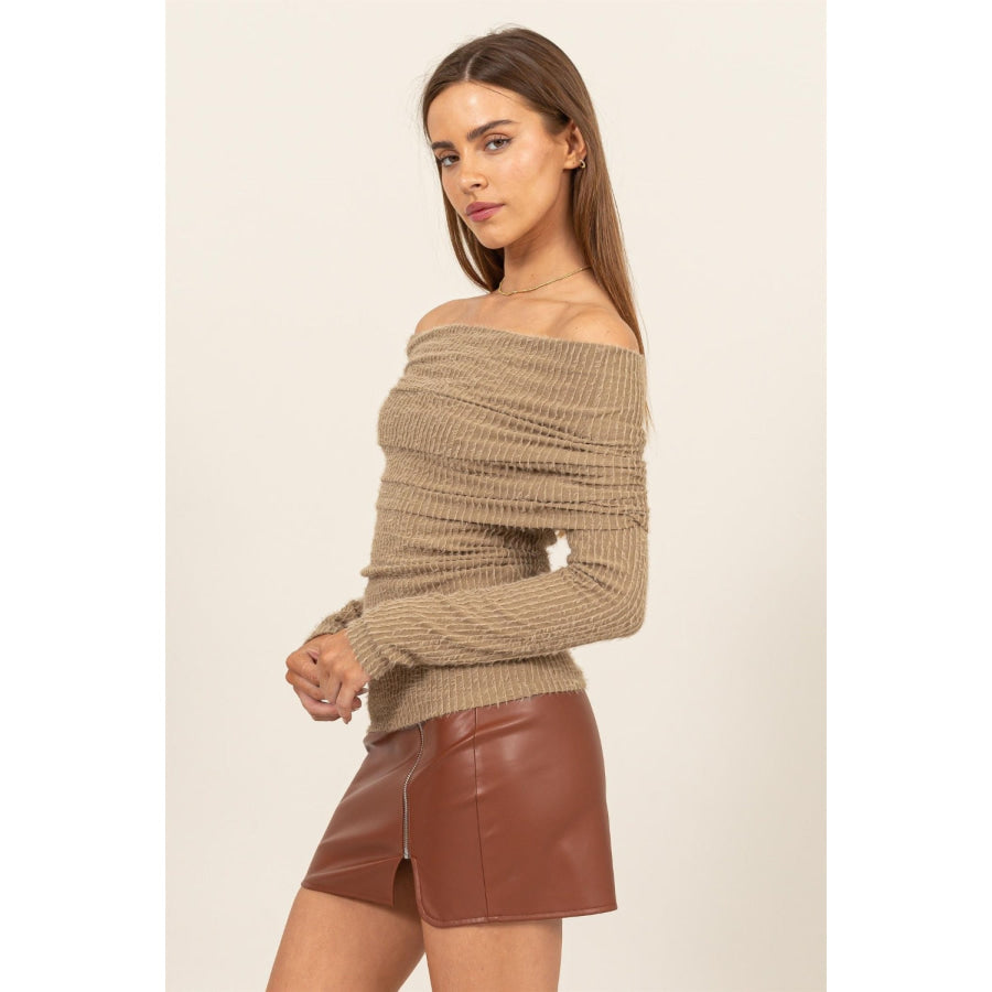 HYFVE Fuzzy Off shoulder Textured Knit Top Apparel and Accessories