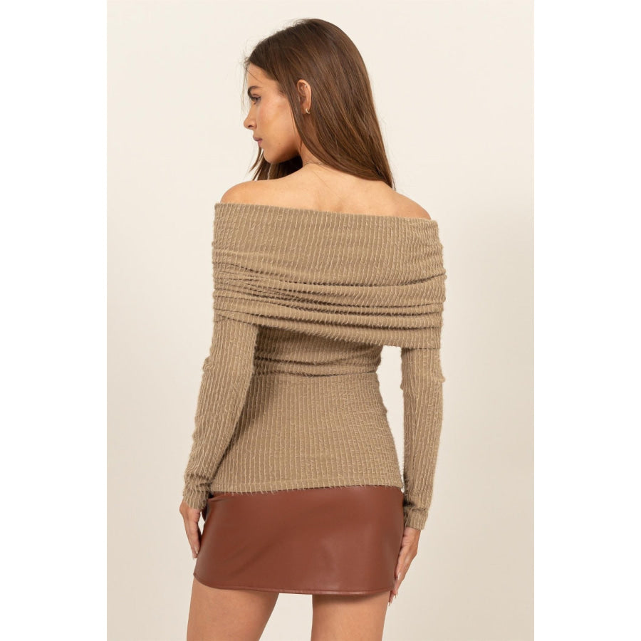 HYFVE Fuzzy Off shoulder Textured Knit Top Apparel and Accessories