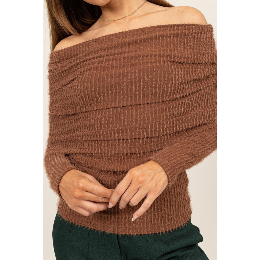 HYFVE Fuzzy Off Shoulder Textured Knit Top Apparel and Accessories