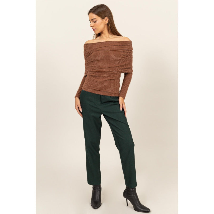 HYFVE Fuzzy Off Shoulder Textured Knit Top Apparel and Accessories