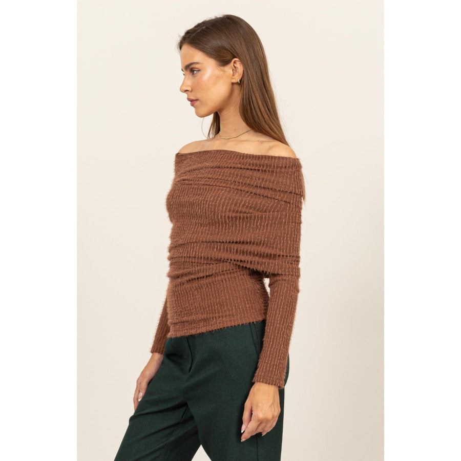 HYFVE Fuzzy Off Shoulder Textured Knit Top Apparel and Accessories