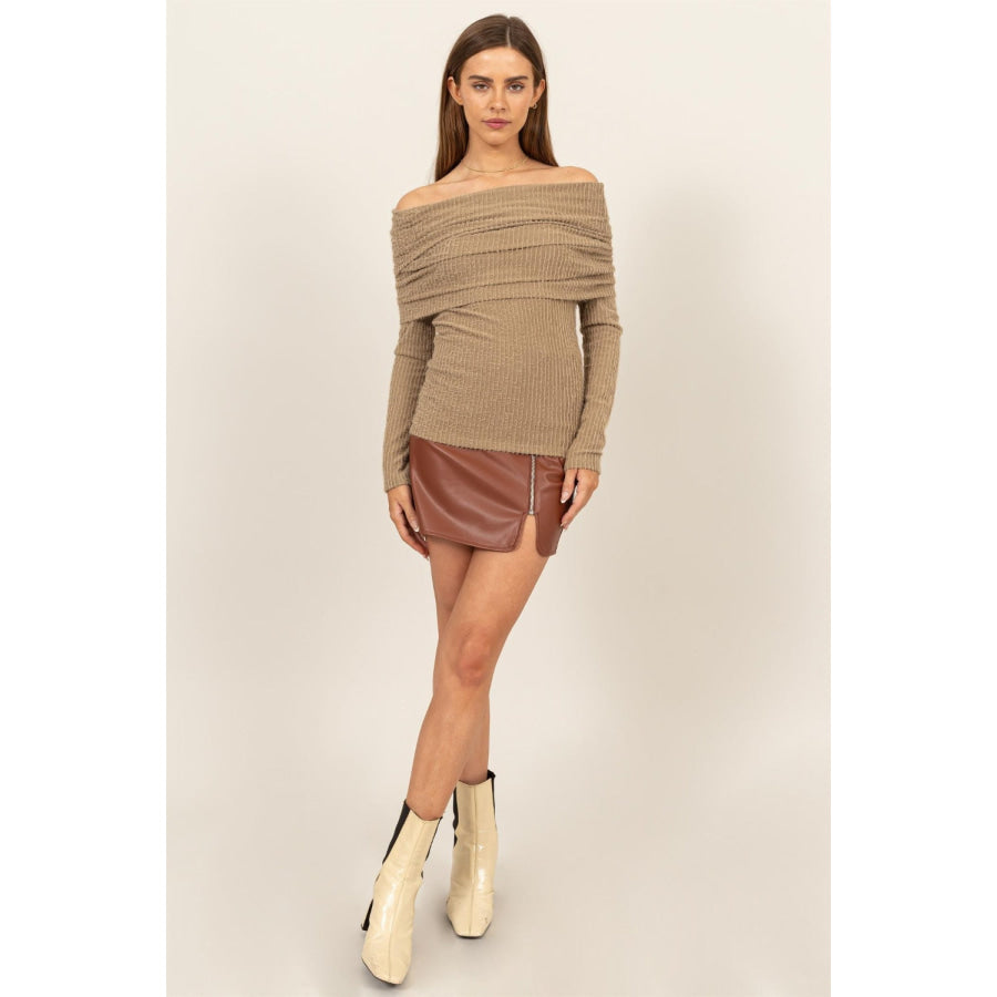 HYFVE Fuzzy Off shoulder Textured Knit Top Apparel and Accessories