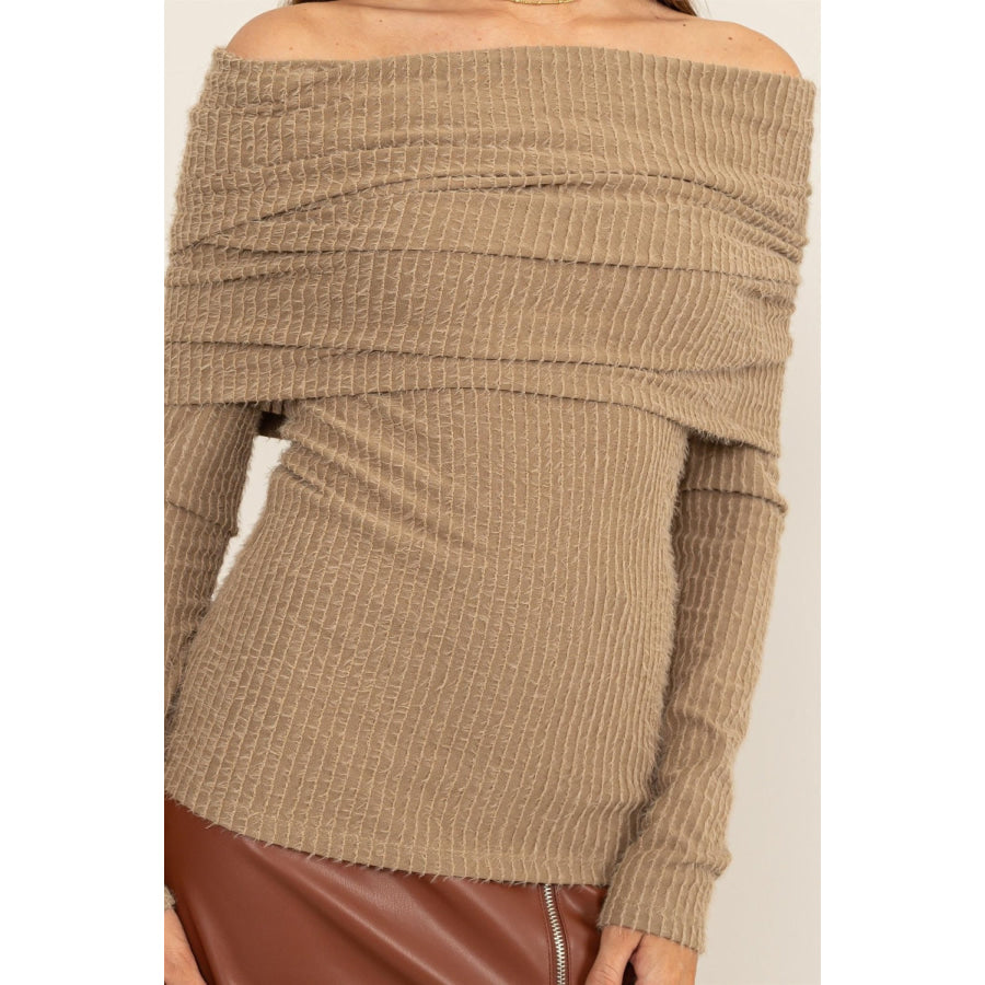 HYFVE Fuzzy Off shoulder Textured Knit Top Apparel and Accessories