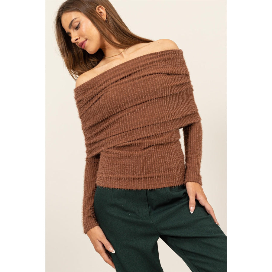 HYFVE Fuzzy Off Shoulder Textured Knit Top Apparel and Accessories