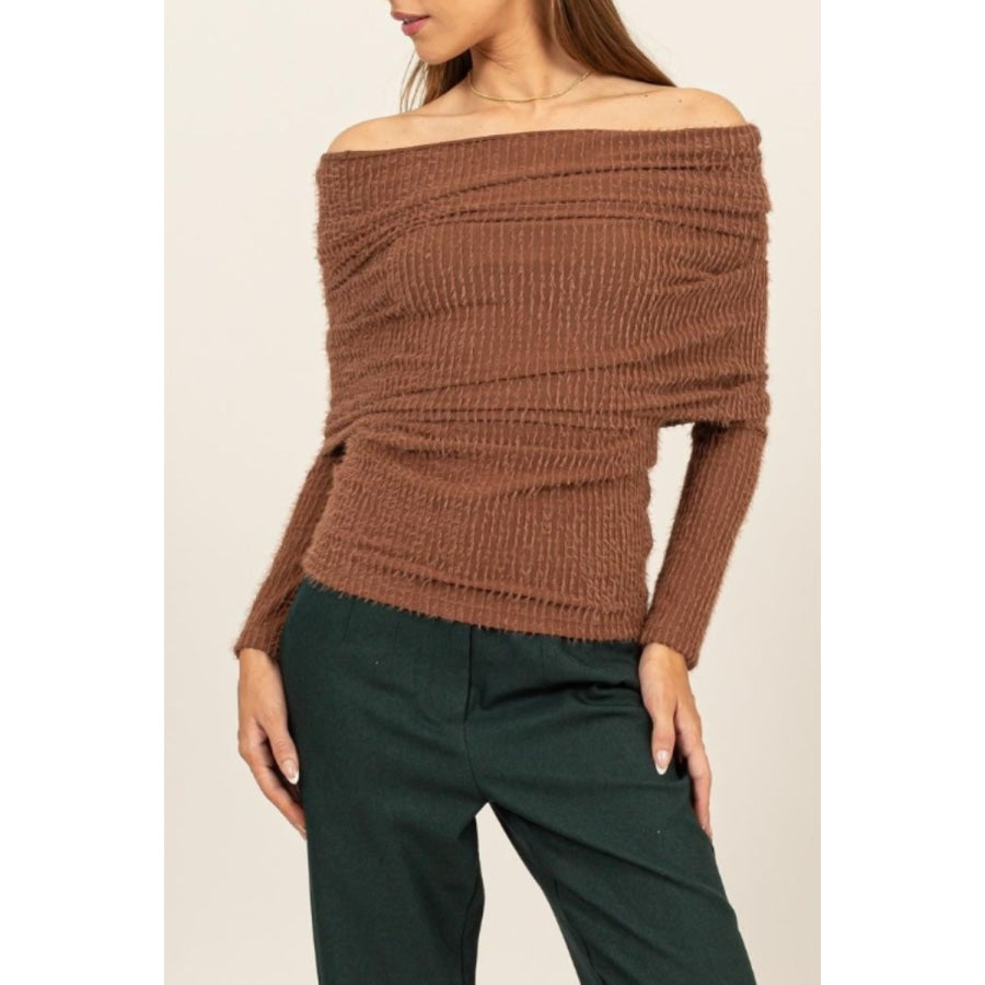 HYFVE Fuzzy Off Shoulder Textured Knit Top Apparel and Accessories