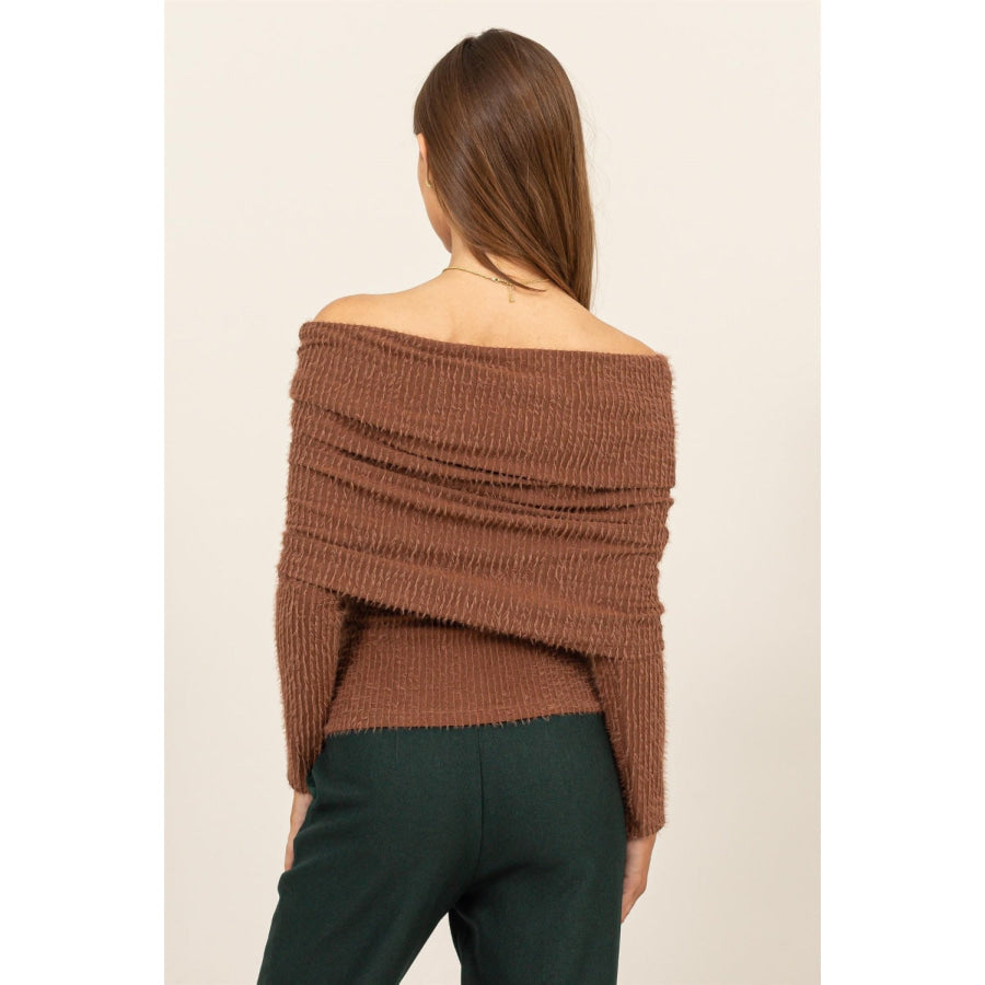 HYFVE Fuzzy Off Shoulder Textured Knit Top Apparel and Accessories