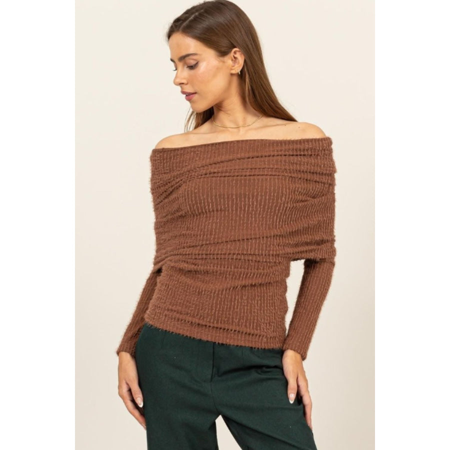 HYFVE Fuzzy Off Shoulder Textured Knit Top Brown / S Apparel and Accessories