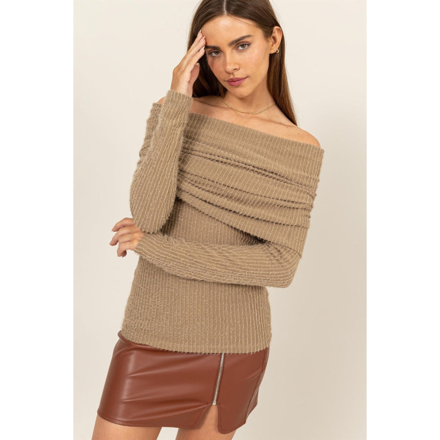 HYFVE Fuzzy Off shoulder Textured Knit Top Taupe / S Apparel and Accessories