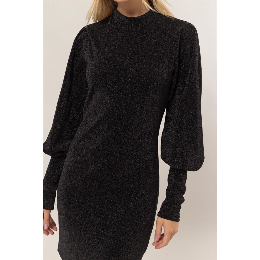 HYFVE Glitter Mock Neck Long Sleeve Mini Dress Apparel and Accessories