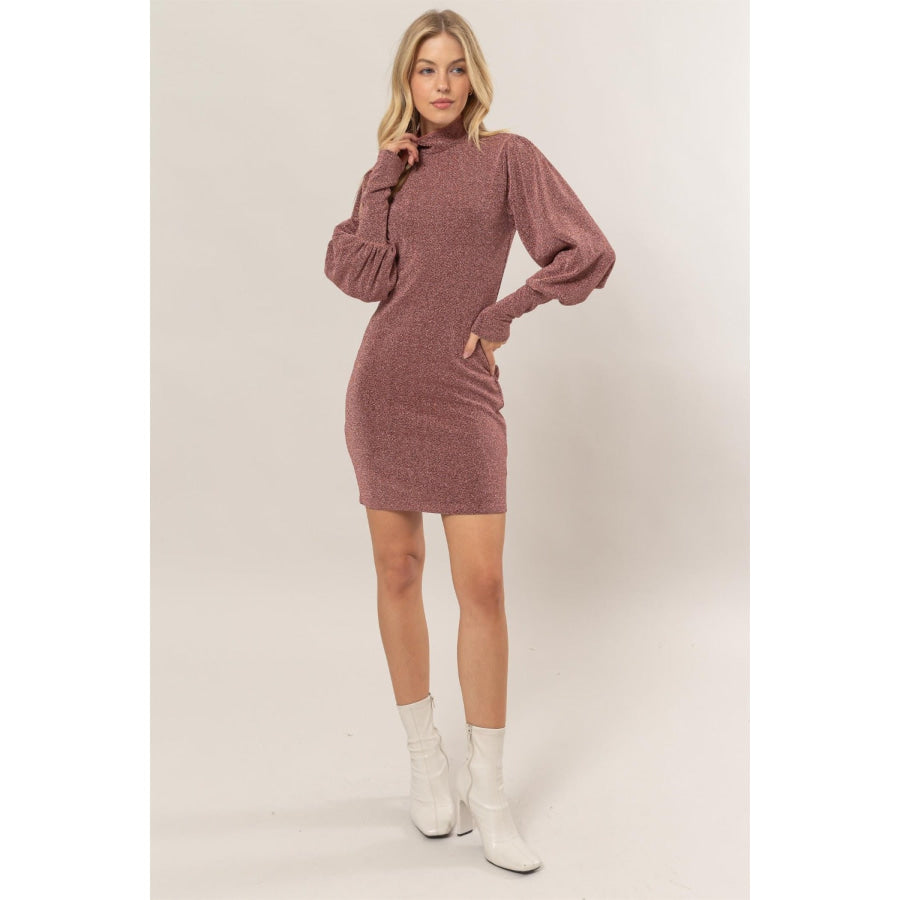 HYFVE Glitter Mock Neck Long Sleeve Mini Dress Apparel and Accessories