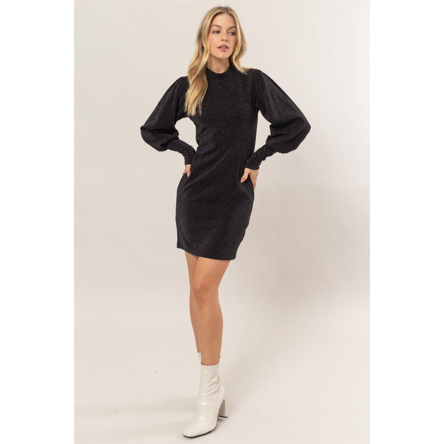 HYFVE Glitter Mock Neck Long Sleeve Mini Dress Apparel and Accessories