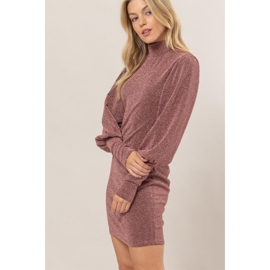 HYFVE Glitter Mock Neck Long Sleeve Mini Dress Apparel and Accessories