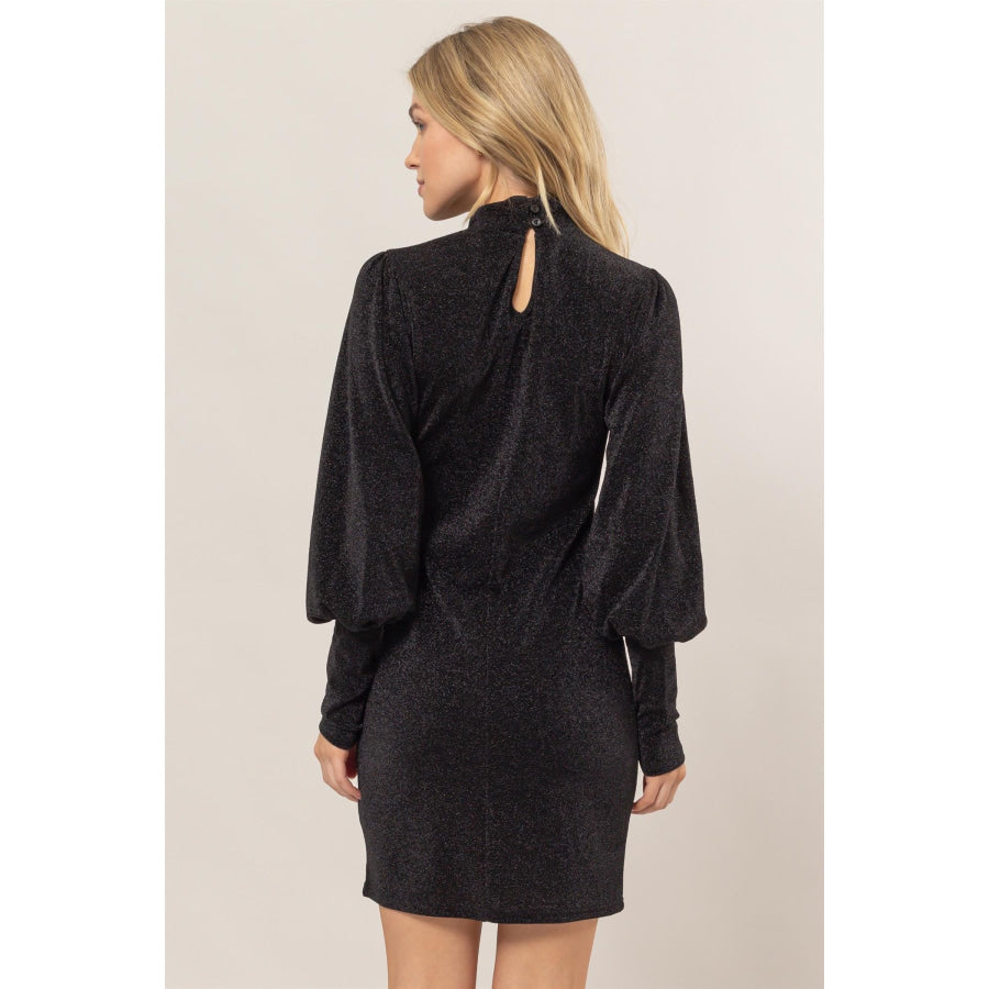 HYFVE Glitter Mock Neck Long Sleeve Mini Dress Black / S Apparel and Accessories